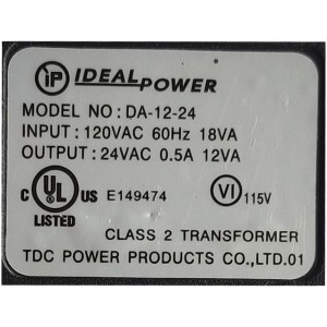 TRANSFORMADOR IDEAL POWER / NUMERO DE PARTE DA-12-24 / 120VAC 60HZ 18VA / SALIDA 24VAC 0.5A 12VA	